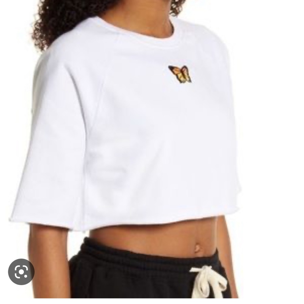 Bp white embroidered butterfly emblem fleece crop tee